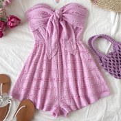 Resim Kadınlar İçin Seksi Yazlık Askısız Smok Önden Bağcıklı ve Büzgülü Detaylı Geniş Paça Tulum - Canlı Pembe Dokulu Makinede Yıkanabilir Plaj Giysisi, Günlük Yaz Kıyafeti, Orta Esneklikli Kumaş 