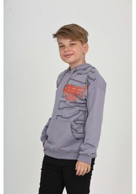 Resim Toontoy Kids Toontoy Erkek Çocuk Oversize Kapüşonlu Cepli Düşük Omuz Baskılı Sweatshirt - 2 İplik Koyu Gri 