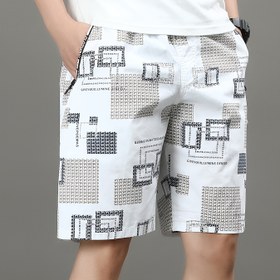Resim Erkekler için %100 Pamuklu Rahat Spor Şortları - Geometrik Baskı, Elastik Bel Bandı ile İplik, Çoklu Cep, Normal Beden, Yaz Dış Mekan ve Gece Giyim, Yürüyüş Şortları, Esnek Olmayan Kumaş 