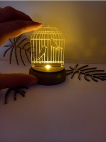 Resim Elfora Pleksi Işıklı Kafes Kuşları 3d Ahşap Taban Hediye Masa Süsü 