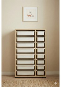 Resim 16 Çekmeceli Çok Amaçlı Oyuncak Dolabı ve Saklama Ünitesi Çocuk Odası Düzenleyici Etiket Hediyeli Safir Meşe 