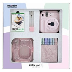 Resim Instax mini 12 Mavi Fotoğraf Makinesi 10'lu Film Simli Pleksi Kılıf Mandal ve Kıskaçlı Resim Standı Bundle Box 