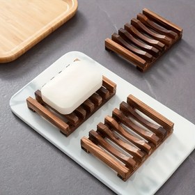 Resim Kendiliğinden Akışkan Özellikli Şık Ahşap Sabunluk - Dikdörtgen, Banyo & Duş için Şık Tutucu, Doğal Ahşap Bitiş, Çoklu Bar Tasarımı 