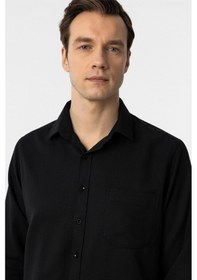 Resim Süvari Siyah Regular Fit Armürlü Klasik Yaka Gömlek 