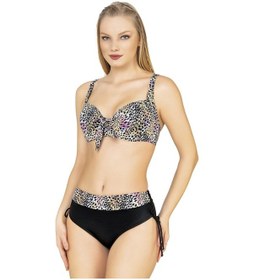 Resim Endeep Kadın Büyük Beden Balenli Destekli Renkli Leopar Desenli Bikini Takımı Pembe-gri 