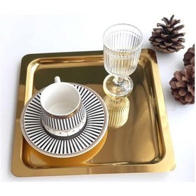 Resim Abant 6 Adet Gold Altın Kare Paslanmaz Çelik Kahve Servis Sunum Tepsi & Tabağı (21X21Cm) 