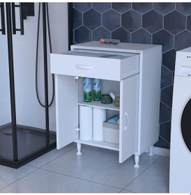 Resim 55x88 Cm Çok Amaçlı Dolap Çekmeceli Ve İki Kapaklı Mutfak Dolabı Ofis Dolabı Banyo Dolabı Kiler Beyaz 