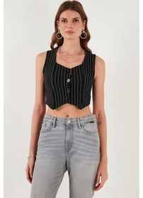 Resim Lela Slim Fit Kalp Yaka Düğmeli Kalın Askılı Crop Bayan Yelek 5865497 Beyaz-Siyah 
