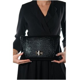 Resim Maorı Siyah Baskı Rugan Kadın Clutch Çanta 