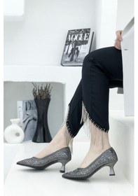 Resim Feles Şeker Topuk Sindirella Taşlı Stiletto Kadın Topuklu Ayakkabı PLATIN 