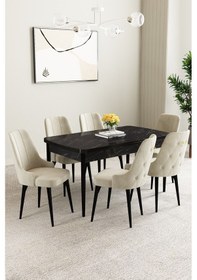 Resim Mabel Siyah Mermer Desen 80x132 Açılabilir Yemek Odası Takımı 6 Adet Sandalye Krem 