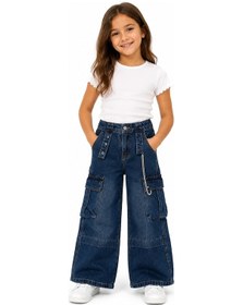 Resim İrem Kız Çocuk Çift Kargo Cepli Geniş Paça Model Zincir Aksesuarlı Lacivert Renk Kot Pantolon 