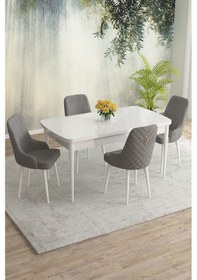 Resim Meri Serisi 80x132 Açılabilir Mdf Beyaz Masa Takımı 4 Kahve Sandalye Gri 