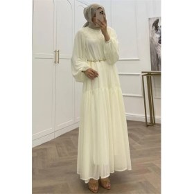 Resim Neşeli Butik Kadın Beyaz Balon Kol Astarlı Kuşak Detaylı Şifon Tesettür Elbise ---- NMS095 