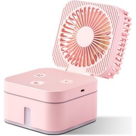 Resim Mufunye Masaüstü Çift Fonksiyonlu Usb Nemlendirici + Fırça Fan, 3 Hızlı Ayar, Katlanabilir, Renkli Gece Işığı, Pembe Pil Yok 