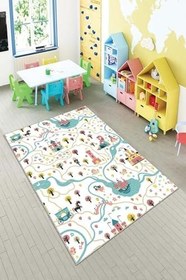 Resim Pelangi Mavi Gemi Desenli Yıkanabilir Kaymaz Taban Leke Tutmazbebek Ve Çocuk Odası Halısı, Turkuvaz 80 x 150 