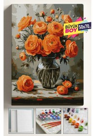 Resim Sayılarla Boyama Seti Numaralı Tuval Fırça Boya Dahil Kasnaklı Set 50x70 Cm - Turuncu Güller 