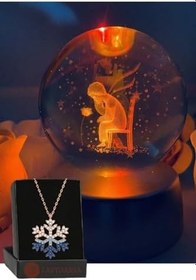 Resim Lapidaria Düşünen Çocuk Küçük Prens Gül Figürlü Işıklı Cam Küre Ve Mavi Kartanesi Kolye 