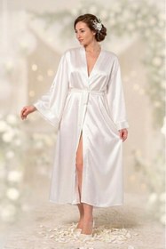 Resim NUİTAMORE Beyaz Bride Saten Uzun Sabahlık. 