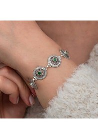 Resim Gümüş Telkari Zümrüt Taşlı Kadın Bileklik Gümüş - Rose Gold 