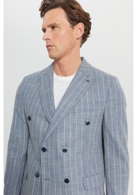 Resim AC&Co / Altınyıldız Classics Erkek Lacı Pamuklu Slim Fit Dar Kesim Kırlangıç Yaka Çizgili Esnek Blazer Ceket Lacı Lacivert 