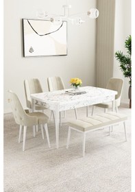 Resim Mabel Beyaz Mermer Desen 80x132 Açılabilir Yemek Odası Takımı 4 Sandalye, 1 Bench Krem 