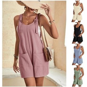 Resim Siyah Kadın Strappy Gevşek Kaba Pamuk Şort Yaz Romper Plaj Tulum Tulum Siyah 