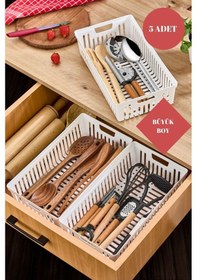 Resim Büyük Boy Beyaz 5'li Set Modüler Kaşıklık Ve Kepçelik Çekmece Içi Düzenleyici Mutfak Organizer Beyaz 