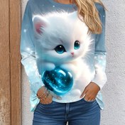 Resim Kadınlar için sevimli kedi desenli, yumuşak polyester ve spandex karışımı, makinede yıkanabilir, yuvarlak yaka, örgü kumaş, rahat tarz, tüm mevsimler, hayvan deseni, polyester malzeme, düzenli uzunluk, kumaş ağırlığı 200 g/m² 