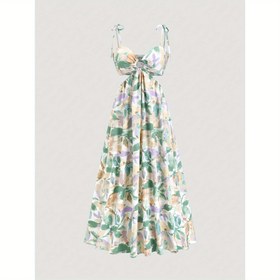 Resim Floral Print Halter Neck Maxi Elbise - Ruffled Hem, Kolsuz Uzun Elbise, Kadınlar için Mükemmel Yaz Tatilleri, Festiv Tatil Kıyafeti | Floral Print Elbise | Polyester Fabri 