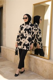 Resim Kirazca Butik Kadın Premium Kontrast Desenli Oversize Gömlek Yaka Tesettür Tunik Rahat Kalıp 