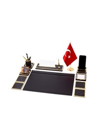 Resim 11 Parça Türk Bayraklı Mermer Desen Ahşap Sümen Takımı Masa İsimliği Deri Sümen Seti 