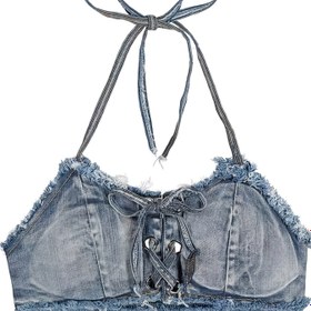 Resim Kadınlar kot Bikini Üst, Seksi Retro Düşük Kesim Mayo, %95 %5 Spandeks, Kolsuz, Düğme Detayı, Dokuma Kumaş, Tüm Mevsim Plaj Giysisi 