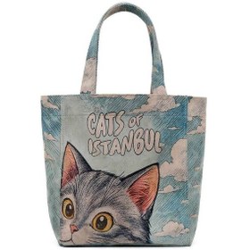 Resim Kadın Vegan Mavi Large Tote Bag - Galata Cat Tasarım A.Haki 