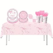 Resim 81 parça pembe fiyonk temalı parti dekorasyon seti, tek kullanımlık kağıt tabaklar, mendiller, bardaklar, bıçaklar, çatallar, kaşıklar ve masa örtüleri, parti etkinliği için uygun, bayram kutlama malzemeleri ve festivaller için 