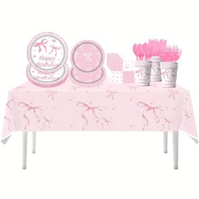 Resim 81 parça pembe fiyonk temalı parti dekorasyon seti, tek kullanımlık kağıt tabaklar, mendiller, bardaklar, bıçaklar, çatallar, kaşıklar ve masa örtüleri, parti etkinliği için uygun, bayram kutlama malzemeleri ve festivaller için 