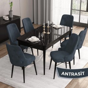 Resim Canisa Concept Iza Serisi,80 X 132 cm Mdf Açılabilir Siyah Mermer Desen Mutfak Masa Takımı, 6 Sandalye 