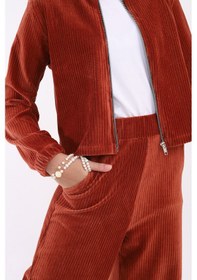 Resim Toontoy Kız Çocuk 2'li Takım Dik Yaka Fermuarlı Sweatshirt & Beli Lastikli Cepli Bol Paça Eşofman Altı - Kadife Kiremit 