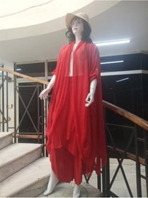 Resim Eren Style Itayan Ipek Detaylı Şallı Kaftan- Asimetrik Pantolon 2'li Takım -9770 Kırmızı 