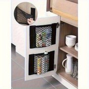 Resim 2 Adet Yapışkanlı Duvar Montajlı Depolama File Çantası. Delme Gerektirmez, Güçlü Yapıştırıcı Bantlı. Dolap Kapakları Arkası, Araç Bagajı ve Lavabo Altı İçin Uygun. Çöp Torbası, İçecekler, Oyuncaklar, Aletler Saklamak İçin İdeal 