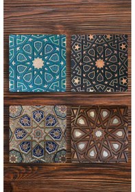 Resim Doğal Taş Bardak Altlığı 4'lü Set Geometrik Desenler Çok Renkli 