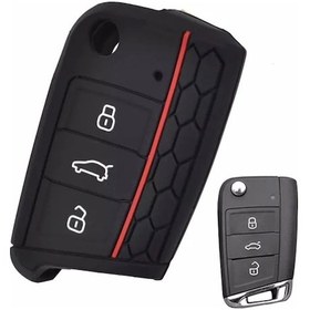 Resim Vw T-Cross Uyumlu Silikon Anahtar Kılıfı Kırmızı Çizgili 