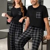 Resim Erkekler veya kadınlar için tek set baskılı yuvarlak yaka kısa kollu üst ve ekose pantolon pijama 