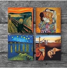 Resim Dalí Belleğin Azmi, Van Gogh Ren Nehri’nde Bir Gece, Çığlık, Klimt Aile Kucaklama Taş Bardak Altlığı Seti - 4 Parça - Dekoratif, Rustik, 10x10 cm, Kaydırmaz Tabanlı SC546 