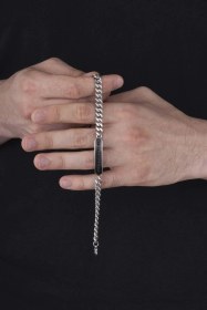 Resim Gümüş Pazarım Siyah Taşlı Gurmet Zincir Plaka Model Erkek Çelik Bileklik Çok Renkli 