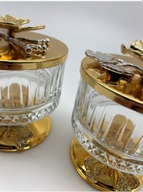 Resim 2'li Ayaklı Gold Elysia Cam Magnolia Kasesi, Çerez, Tatlı Kasesi 