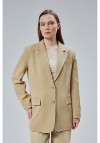 Resim Kadın Oversize Düz Kesim Astarlı Dokuma Blazer Ceket Haki 