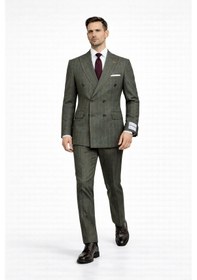 Resim Fabıo Cassel Çizgili Kruvaze Erkek Takım Elbise Slim Fit Fıstık Yeşili 