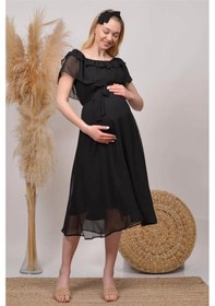 Resim Dip Moda Kadın Kuşaklı Şifon Hamile Elbisesi Dphml8060 Siyah 