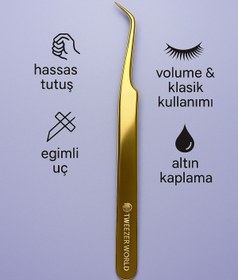 Resim DRAGONTATTOO Profesyonel Kirpik Uzatma Cımbızı - Eğimli Uç, Altın Kaplama - Volume & Klasik Kullanıma Uygun 